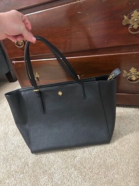 Tory Burch Black Leather Double-Handle Tote with Gold Logo